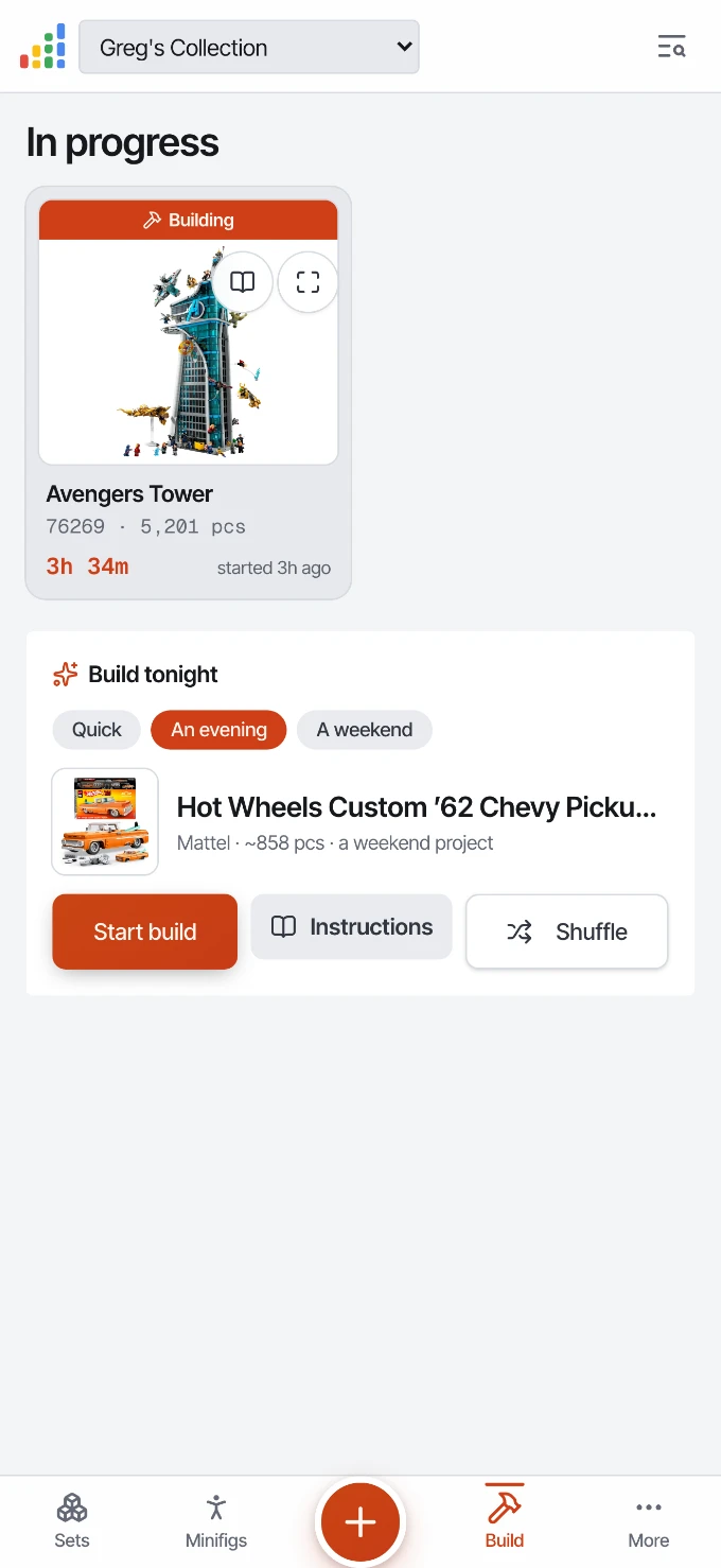 Builds in progress with live timers and a build-tonight pick